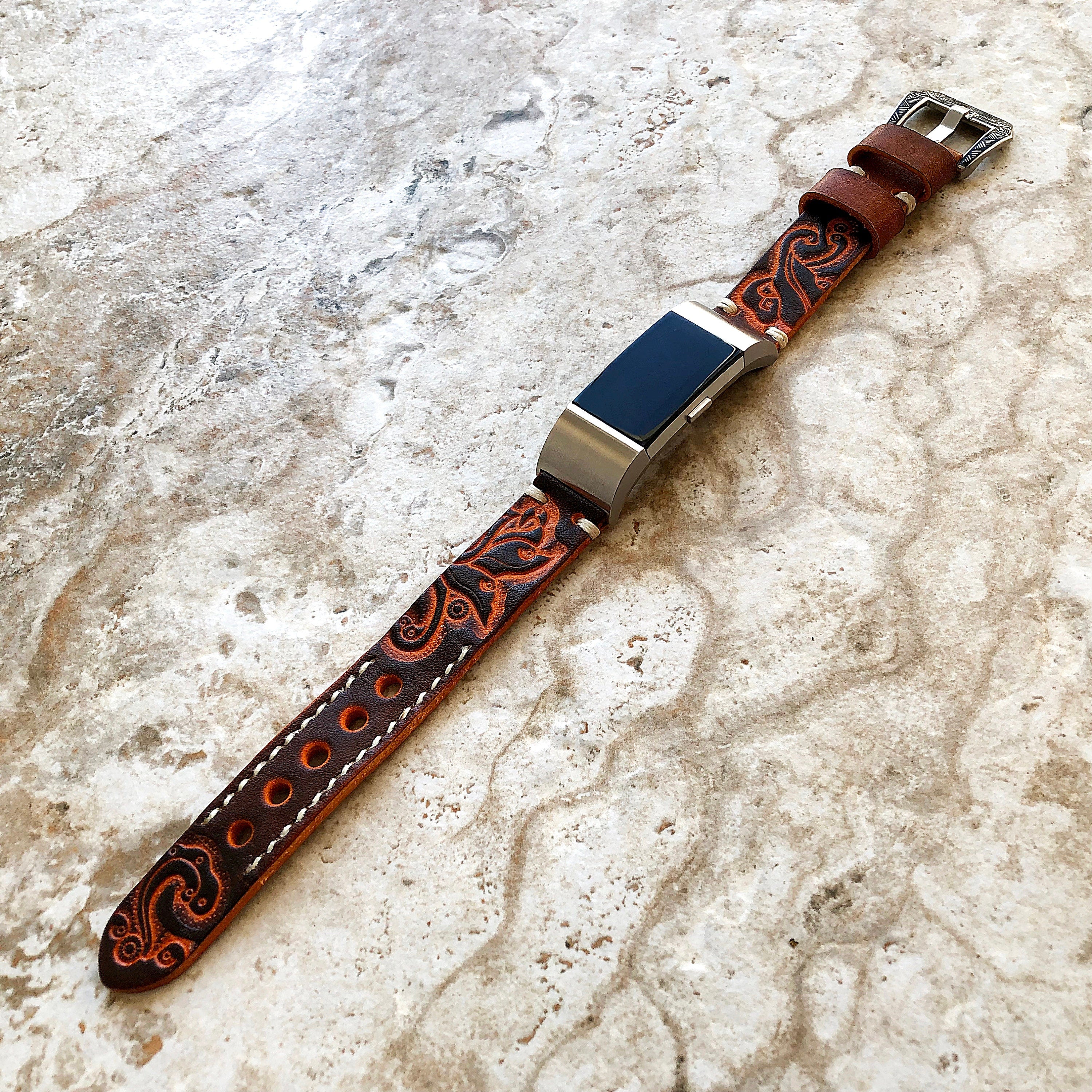 Fitbit Charge 6 5 4 3 Brown Orange Leather Band for Fitness Tracker Tooled Embossed Handmade Strap Bracelet Wristband Adapters Quick Release